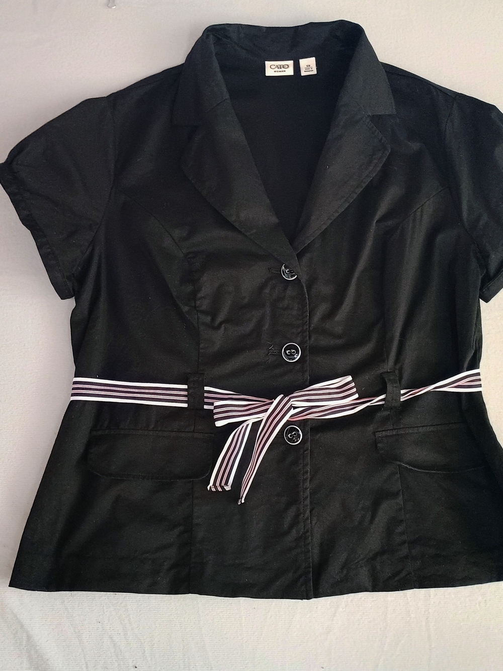 Cato Black Short-Sleeve Blazer with Striped Waist Tie